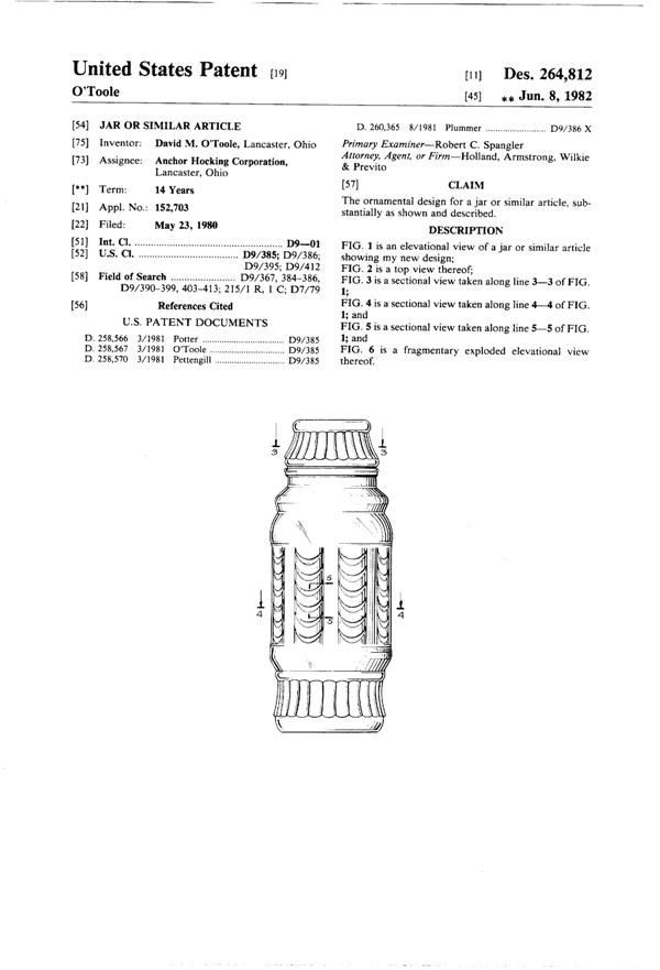 Anchor Hocking Apothecary Jar Design Patent D264812-1