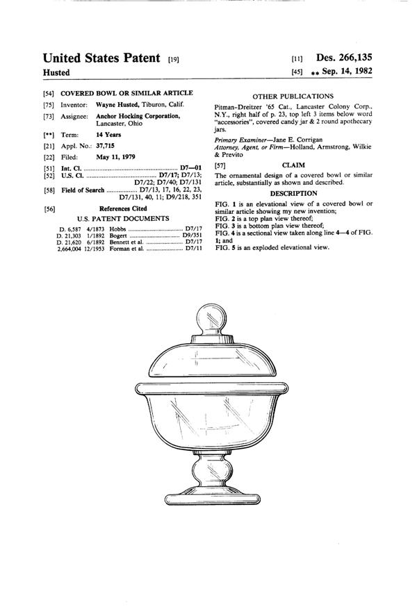 Anchor Hocking Husted Covered Compote Design Patent D266135-1