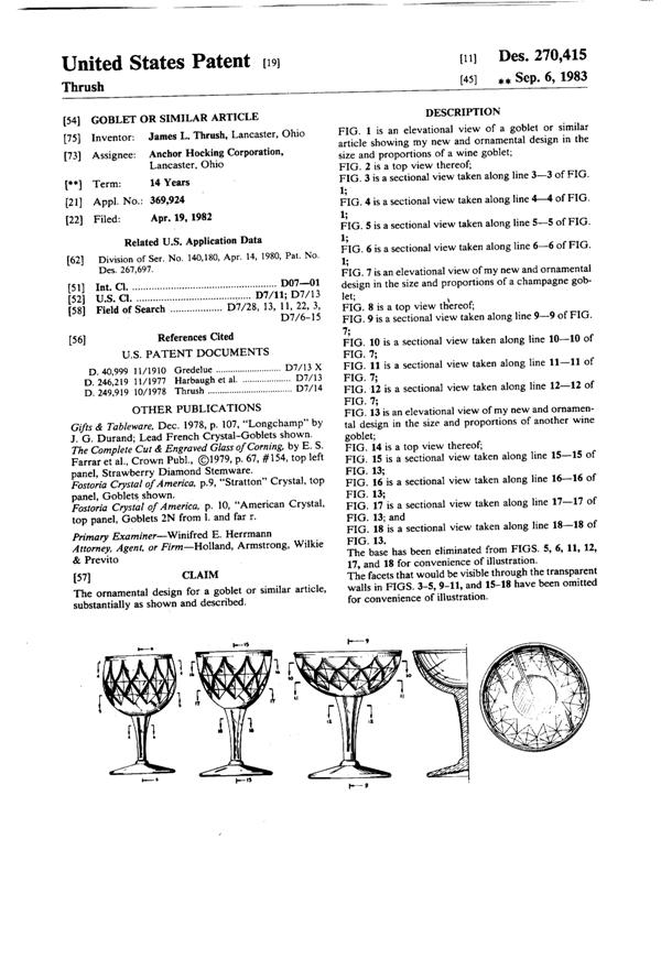 Anchor Hocking Crown Point Goblet & Stems Design Patent D270415-1