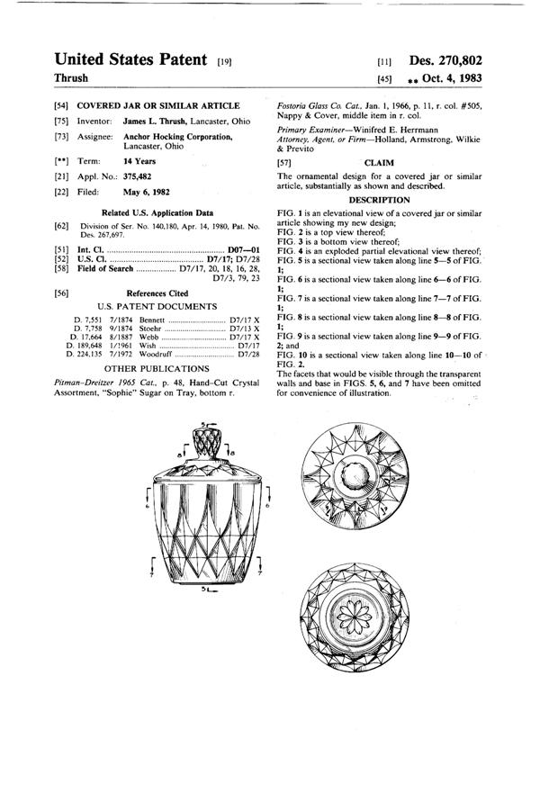 Anchor Hocking Crown Point Sugar Design Patent D270802-1