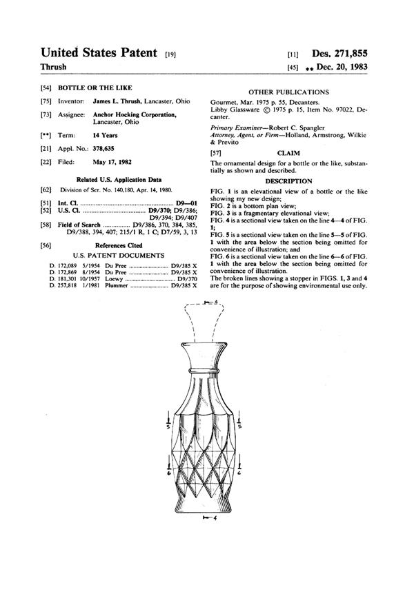 Anchor Hocking Crown Point Decanter Design Patent D271855-1