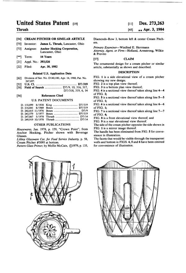 Anchor Hocking Crown Point Creamer Design Patent D273263-1