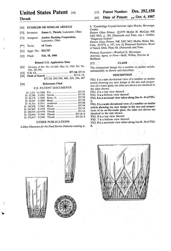 Anchor Hocking Canfield Tumbler Design Patent D292158-1