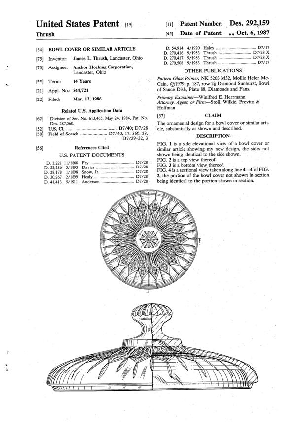 Anchor Hocking Canfield Bowl Cover Design Patent D292159-1