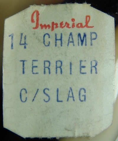 Imperial Caramel Slag Champ Terrier Label