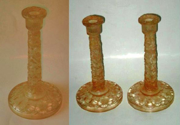 Consolidated #2561 Martele Dogwood High Candlesticks w/ #302 Brown Stain Decoration