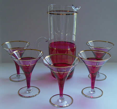 West Virginia Glass Specialty Bud Pitcher and Cocktail Glasses