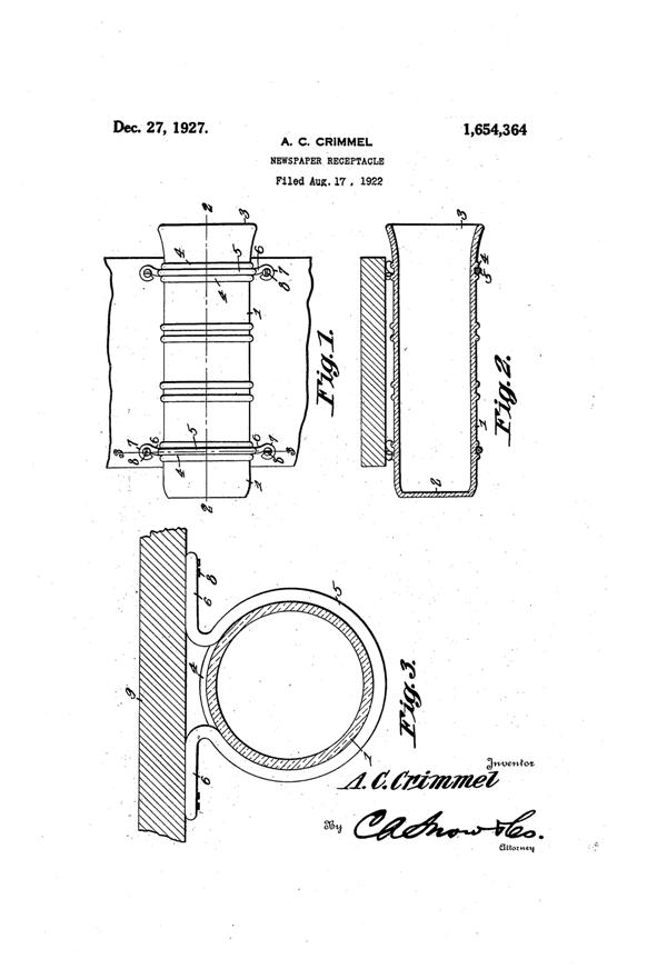 Sneath Newspaper Receptacle Patent 1654364-1