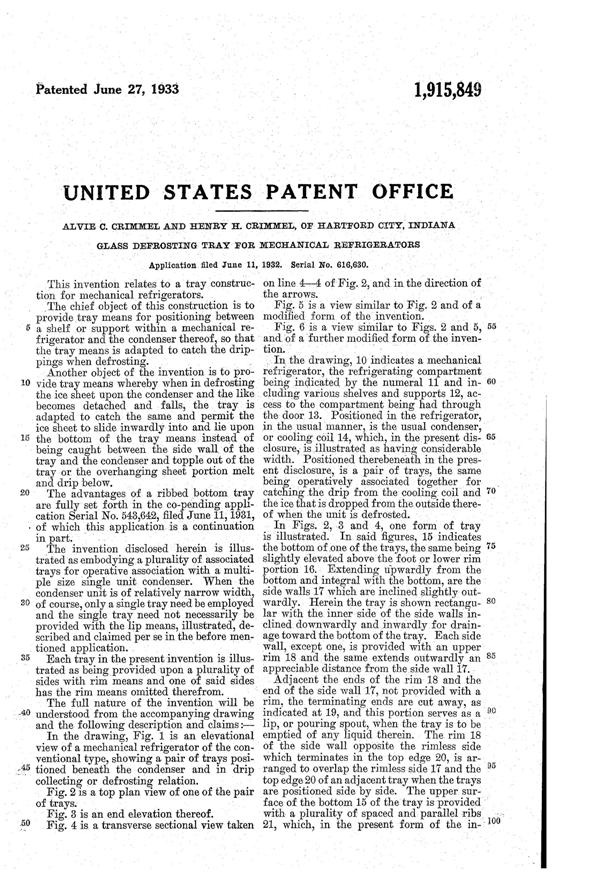 Sneath Refrigerator Tray Patent 1915849-2