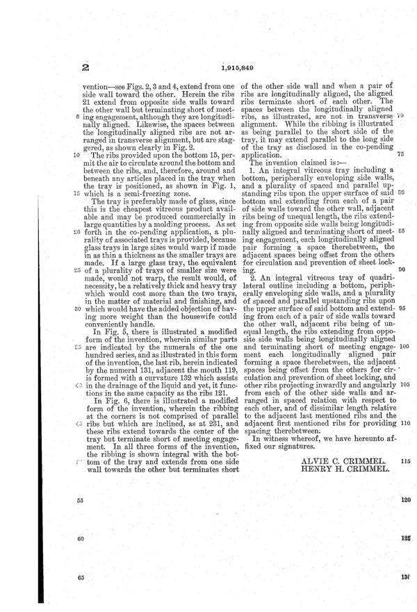 Sneath Refrigerator Tray Patent 1915849-3