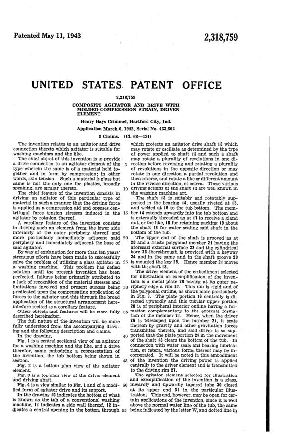 Sneath Washing Machine Agitator Patent 2318759-2