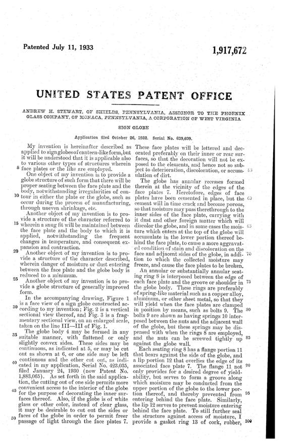 Phoenix Gasoline Pump Globe Patent 1917672-2