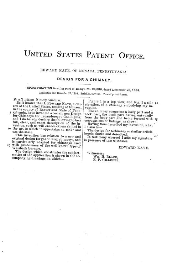 Phoenix Lamp Chimney Design Patent D 29836-2