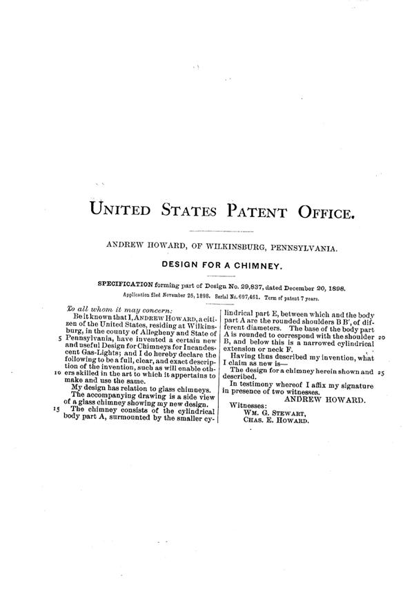 Phoenix Lamp Chimney Design Patent D 29837-2