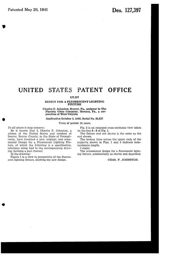 Phoenix Fluorescent Light Fixture Design Patent D127397-2
