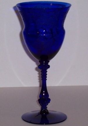 Cambridge #3126 Royal Blue Goblet w/ Apple Blossom Etch