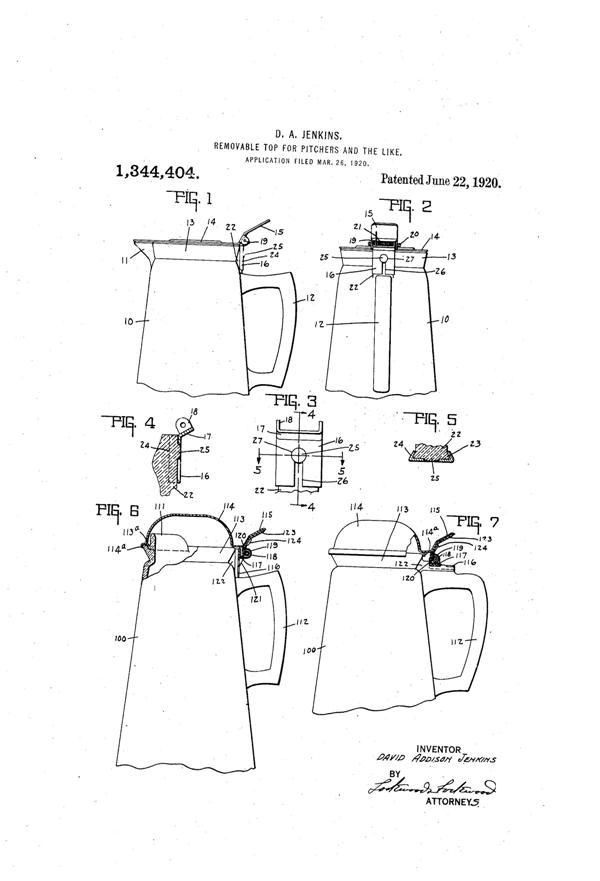 Jenkins Removable Top for Molasses Pitchers Patent 1344404-1