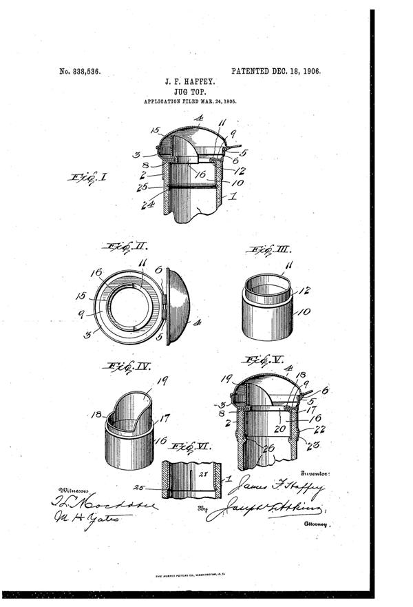 U. S. Glass Jug Top Patent  838536-1
