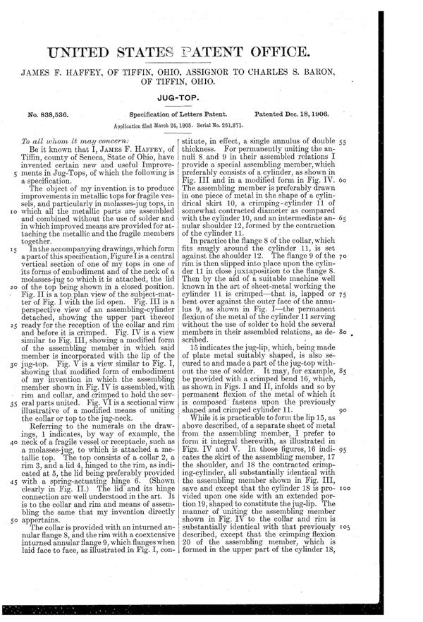U. S. Glass Jug Top Patent  838536-2