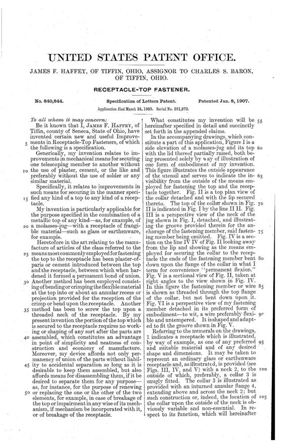 U. S. Glass Jug Top Patent  840844-2
