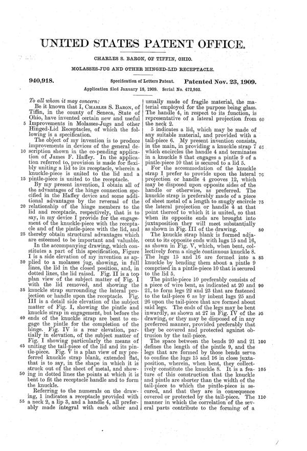 U. S. Glass Jug Top Patent  940918-2