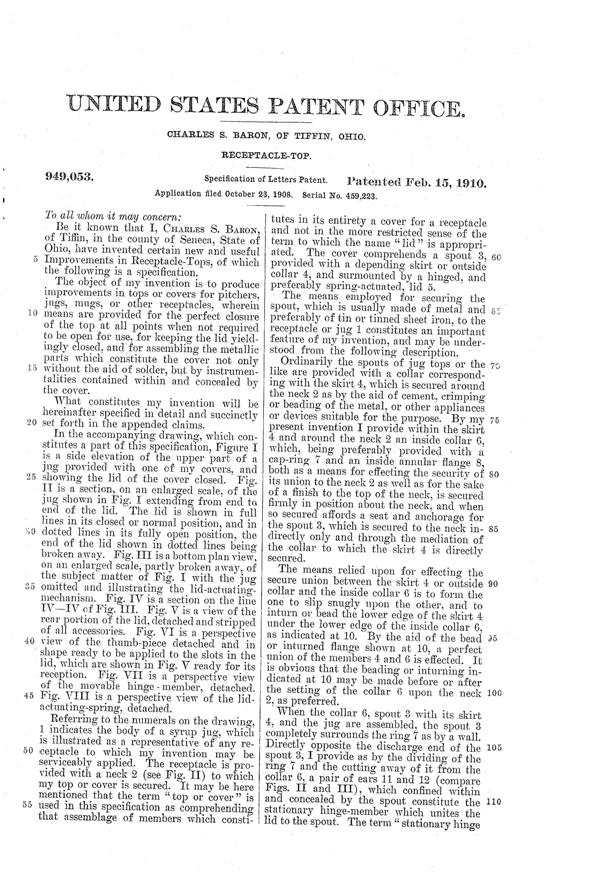 U. S. Glass Jug Top Patent  949053-2