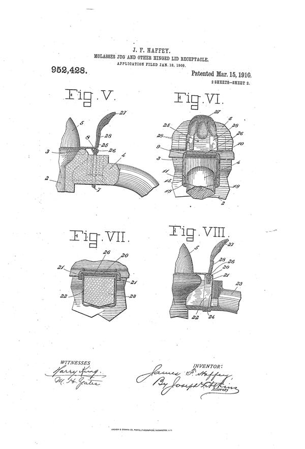 U. S. Glass Jug Top Patent  952428-2