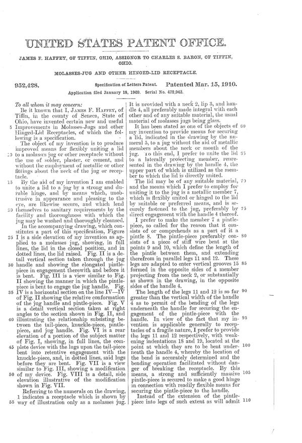 U. S. Glass Jug Top Patent  952428-3