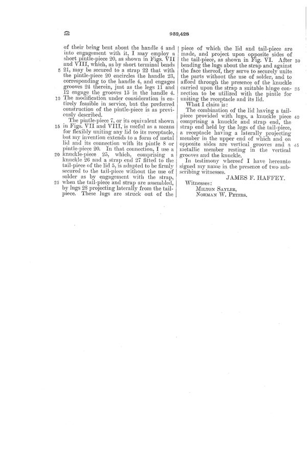 U. S. Glass Jug Top Patent  952428-4