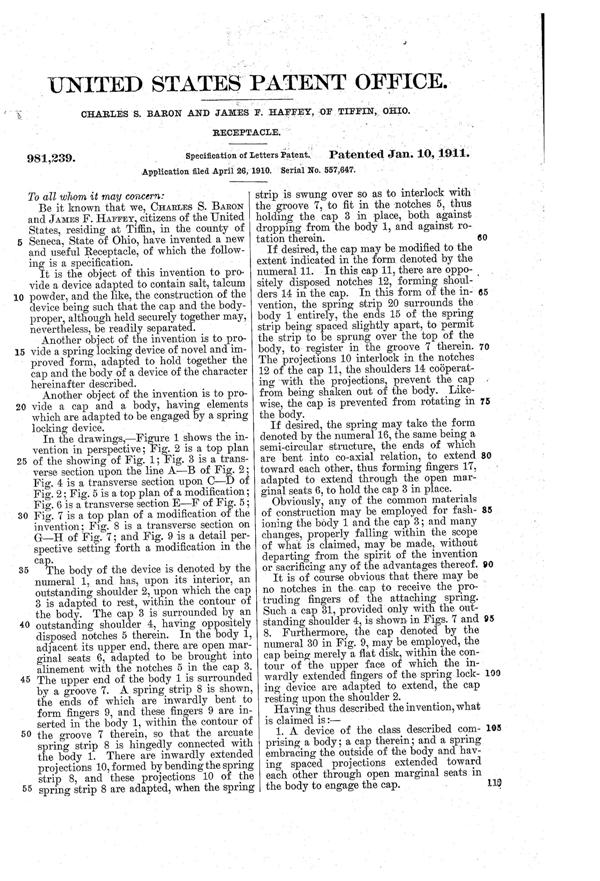 U. S. Glass Shaker Top Patent  981239-2