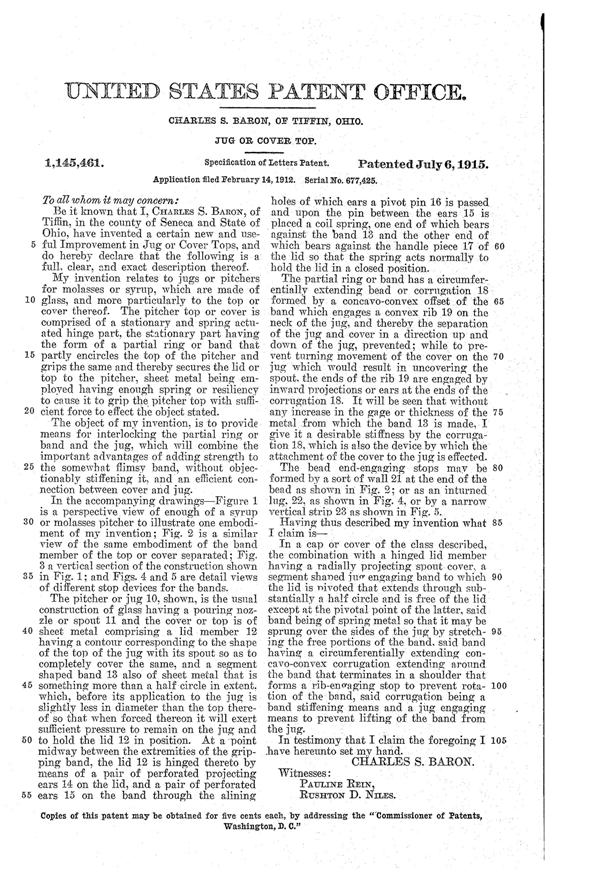 U. S. Glass Jug Top Patent 1145461-2
