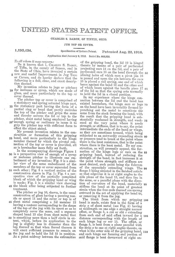 U. S. Glass Jug Top Patent 1195434-2