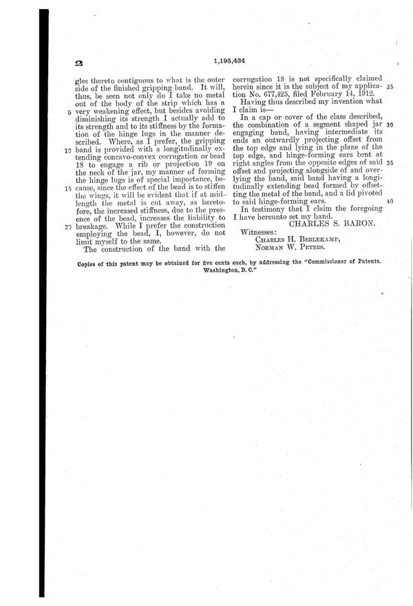 U. S. Glass Jug Top Patent 1195434-3