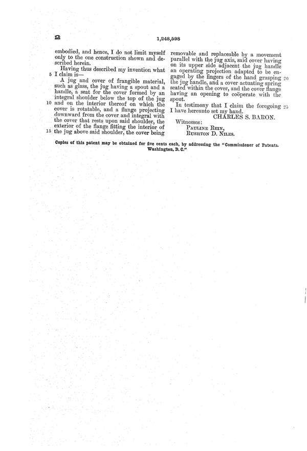 U. S. Glass Jug Top Patent 1248598-3
