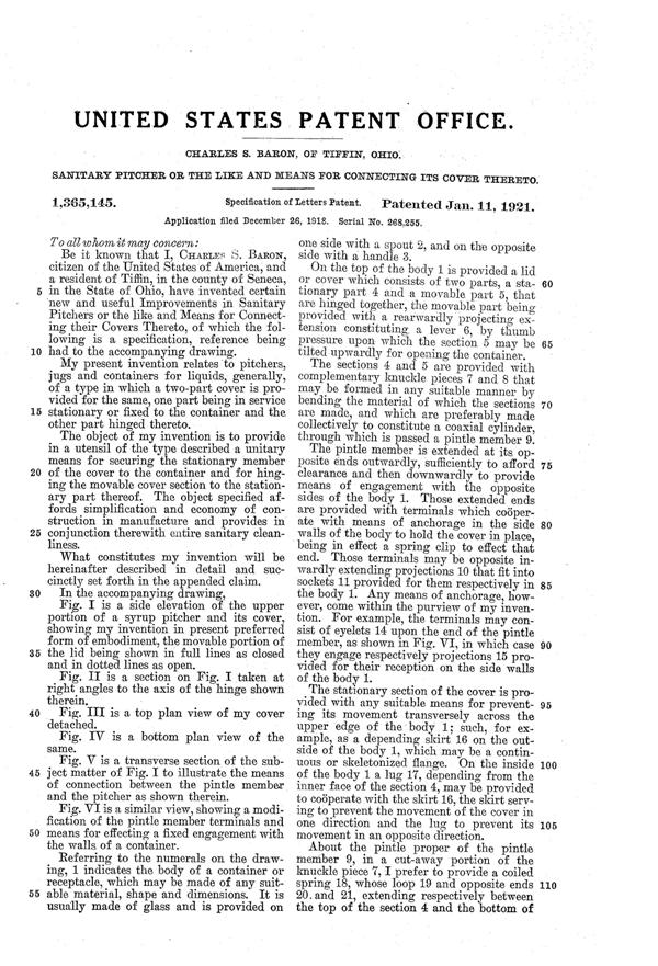 U. S. Glass Jug Top Patent 1365145-2