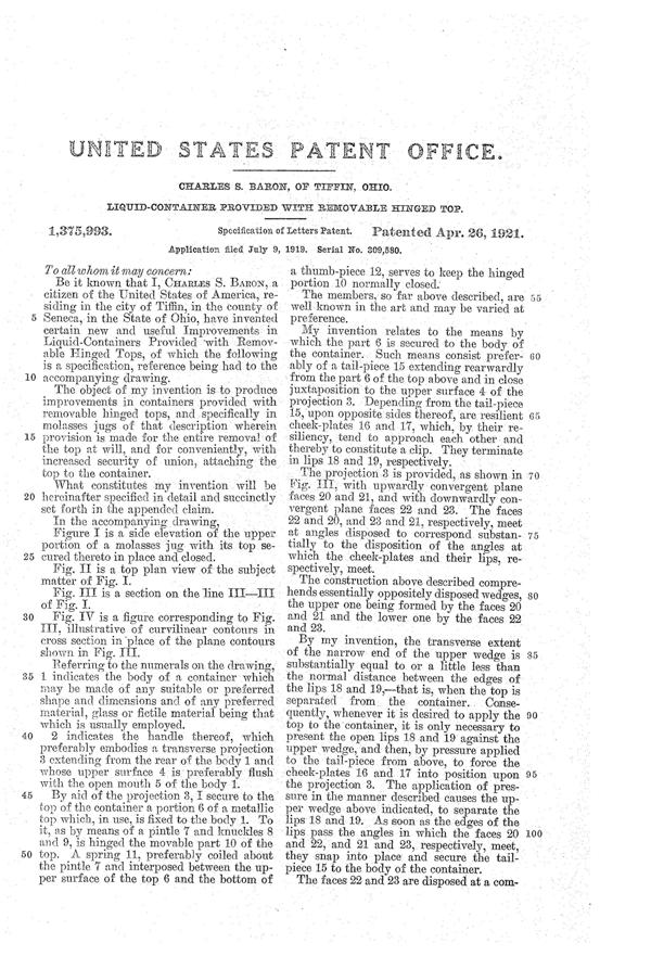 U. S. Glass Jug Top Patent 1375993-2