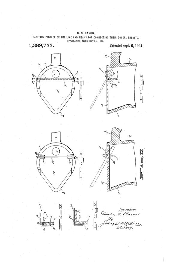 U. S. Glass Jug Top Patent 1389733-1