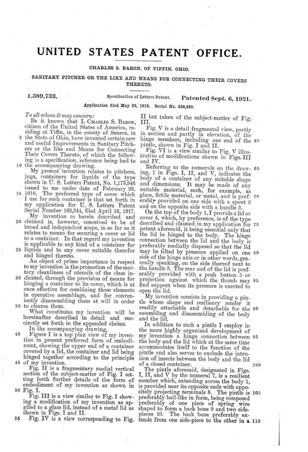 U. S. Glass Jug Top Patent 1389733-2
