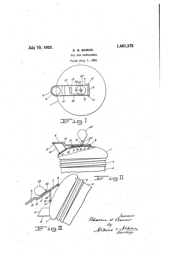 U. S. Glass Jug Top Patent 1461375-1