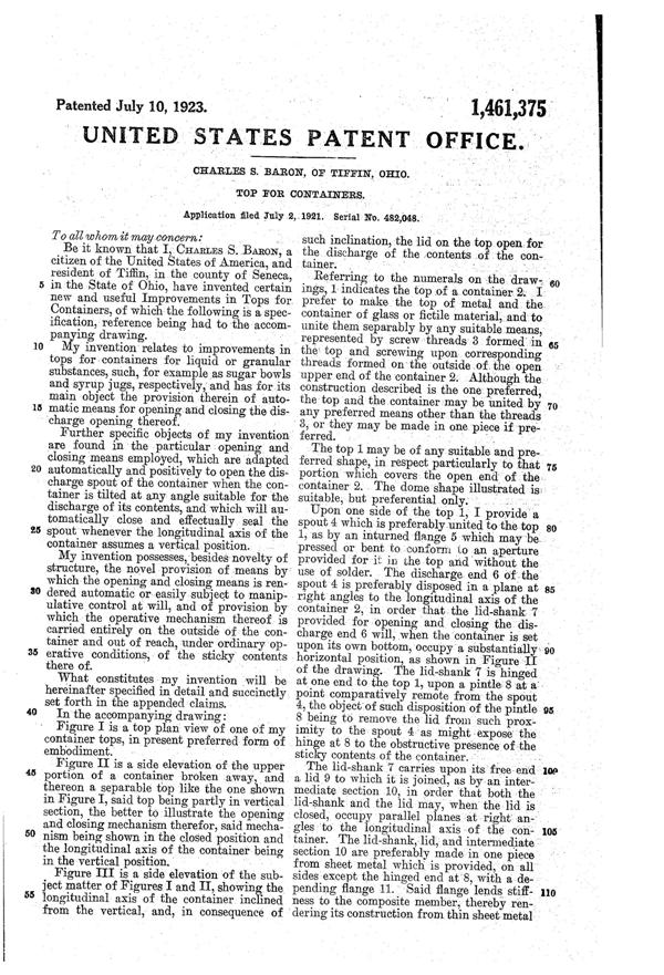 U. S. Glass Jug Top Patent 1461375-2