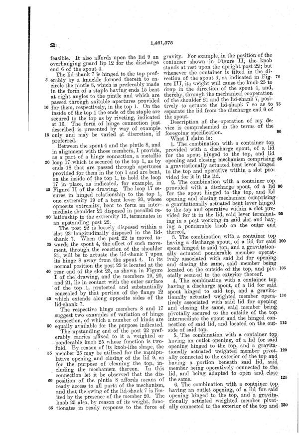 U. S. Glass Jug Top Patent 1461375-3