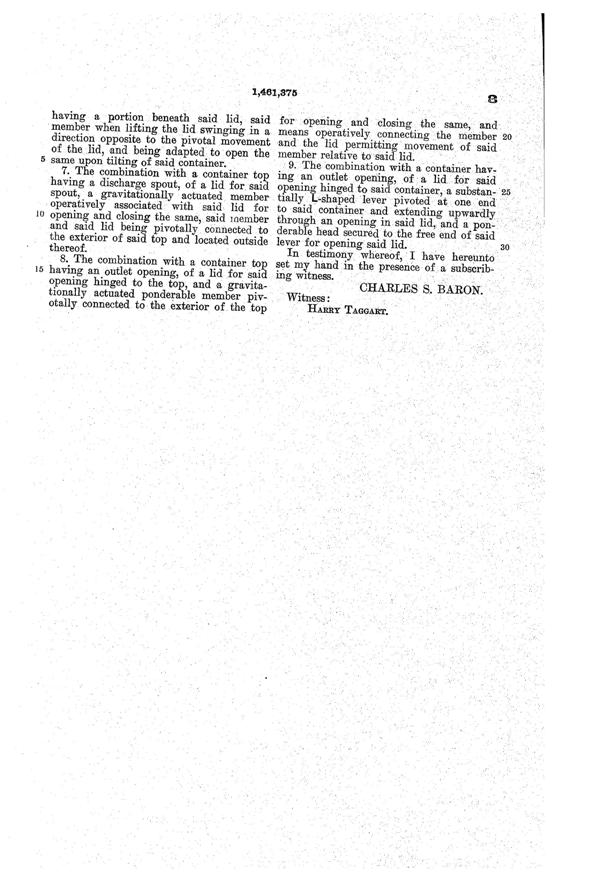U. S. Glass Jug Top Patent 1461375-4