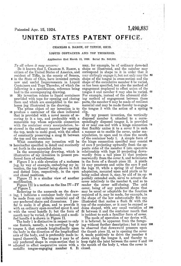 U. S. Glass Jug Top Patent 1490883-2