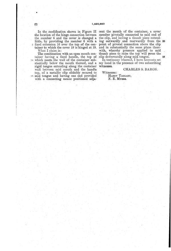 U. S. Glass Jug Top Patent 1490883-3