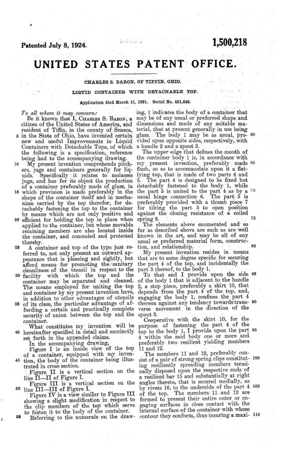 U. S. Glass Jug Top Patent 1500218-2