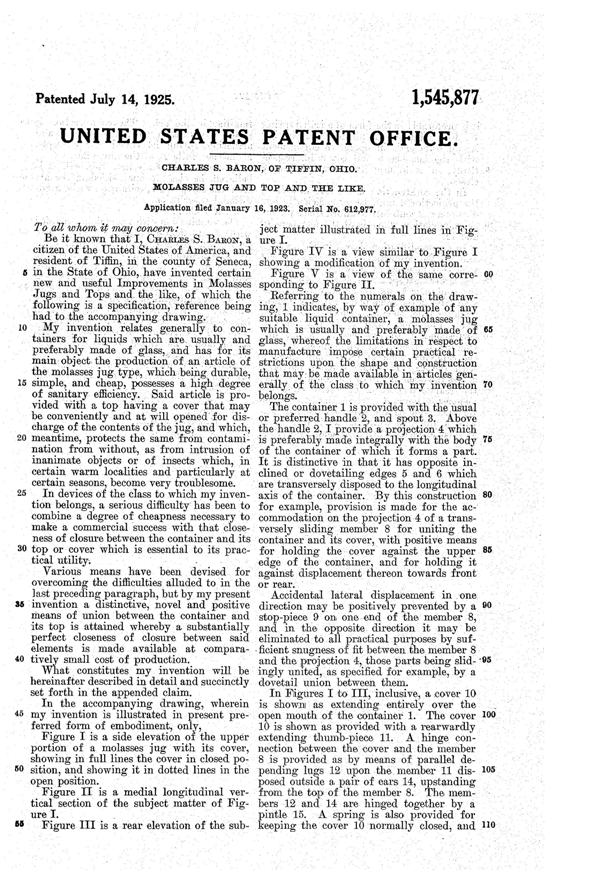 U. S. Glass Jug Top Patent 1545877-2