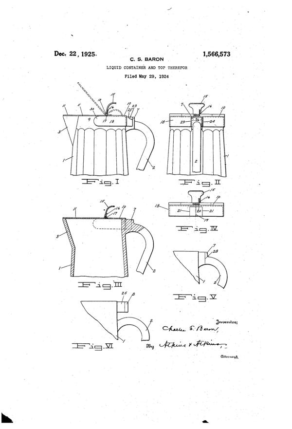 U. S. Glass Jug Top Patent 1566573-1
