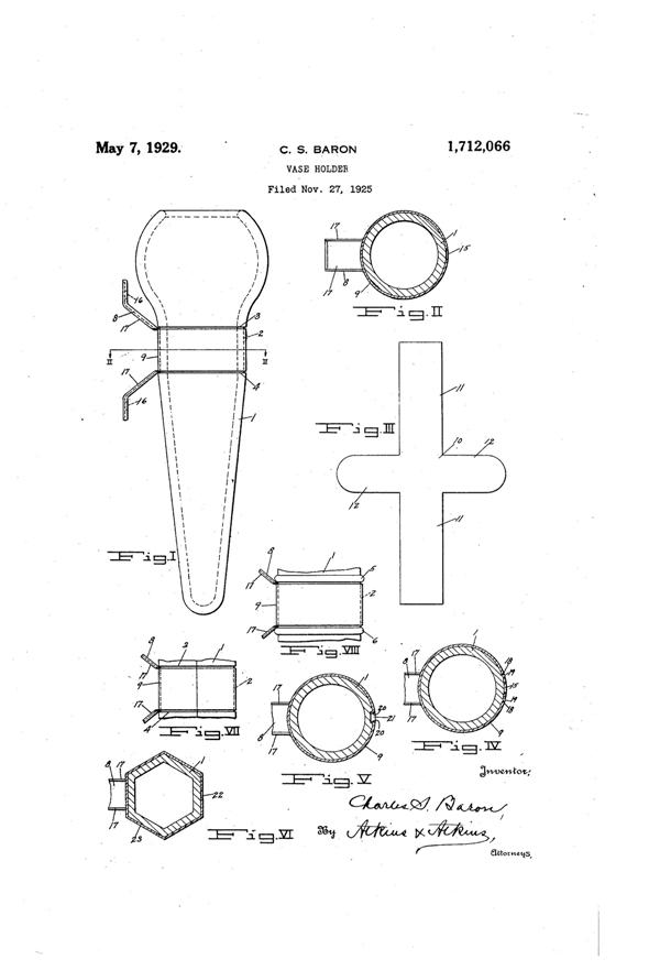 U. S. Glass Car Vase Holder Patent 1712066-1