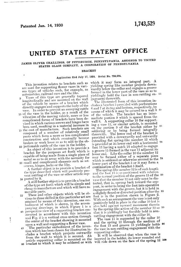 U. S. Glass #16259 Car Vase Holder Patent 1743529-2