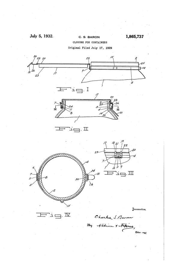 U. S. Glass Container Lid Patent 1865737-1